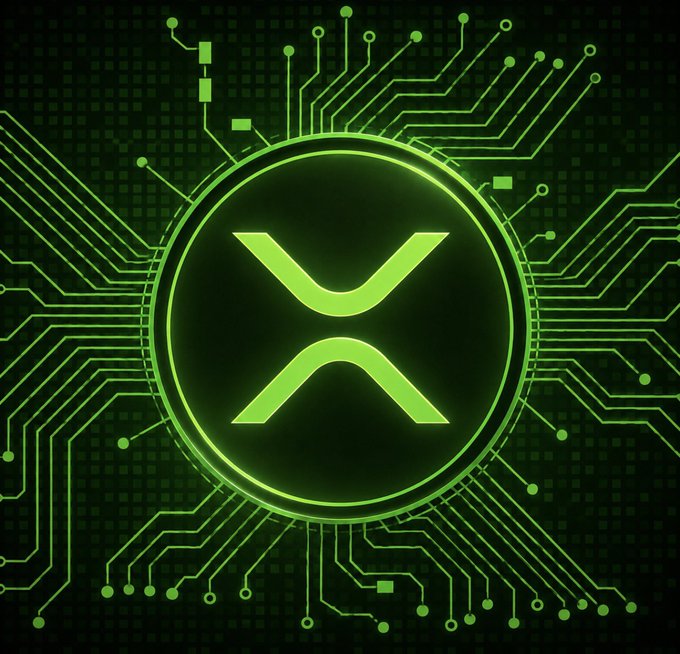 Glowing green XRP (Ripple) cryptocurrency logo set against a circuit board background.