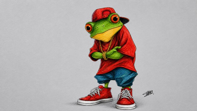 An illustrated anthropomorphic tree frog dressed in hip-hop streetwear—a red cap, oversized red shirt, gold chain, blue jeans, and red sneakers—poses confidently, with an artist's signature "ZIGRO" in the corner. The image evokes a cool, community-driven mascot vibe, visually reinforcing the post's pitch that ZSWAP is the more stylish and accessible alternative to Kalshi and Polymarket.