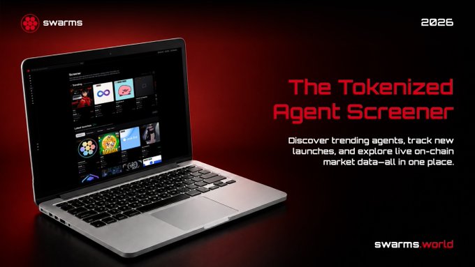 Promotional image for 'The Tokenized Agent Screener' by swarms (swarms.world), showing a laptop displaying an agent marketplace interface with text about discovering trending agents, tracking launches, and exploring on-chain market data.
