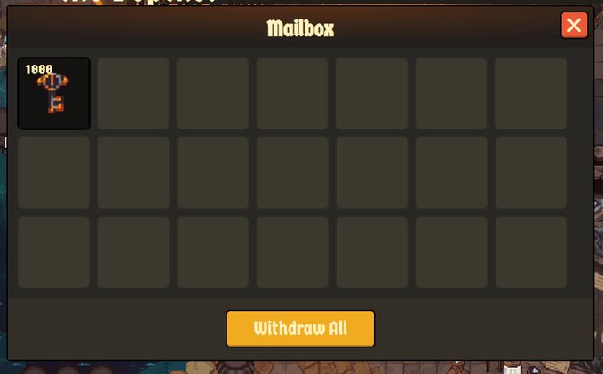 A game interface showing a 'Mailbox' window with 21 slots, one containing an item worth 1000, with a yellow 'Withdraw All' button at the bottom.