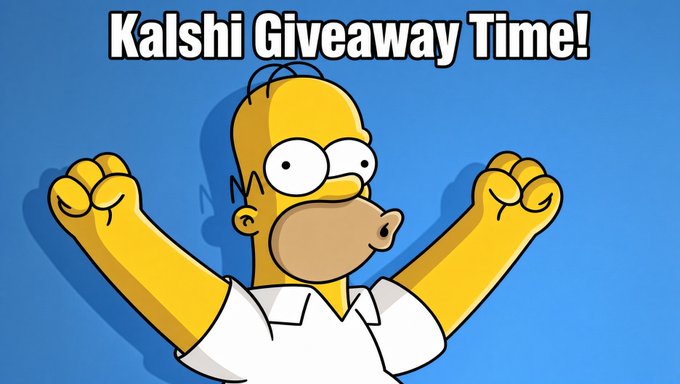 Homer Simpson excitedly raises his fists in a celebratory pose against a blue background, with bold white text at the top reading "Kalshi Giveaway Time!" — visually amplifying the enthusiastic announcement of a $1,000 giveaway tied to signing up for Kalshi's new legal US perpetuals trading platform.