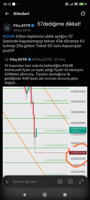 A Twitter/X post by Fibo 65TR (@Fibo_65TR) in Turkish with the headline '57 dediğime dikkat!' discussing a SHIB trade with technical levels marked on a chart, showing Fibonacci retracement levels including 0.000004298 circled in red.