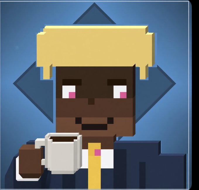 A pixel art portrait of a person with blonde hair holding a white mug, set against a blue background with a star and diamond design.