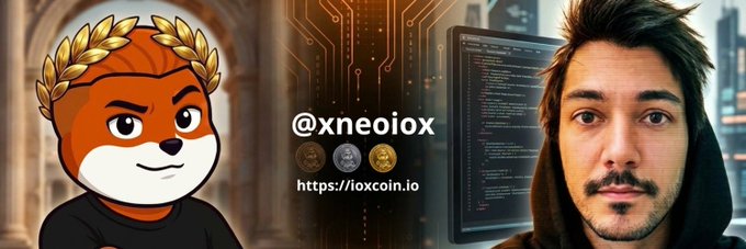 A cartoon fox mascot wearing a golden laurel wreath stands on the left, while a man with a goatee and hood appears on the right beside a screen of code, with "@xneoiox" and "https://ioxcoin.io" displayed prominently in the center—branding the post as a sponsored giveaway for the $IOX token.