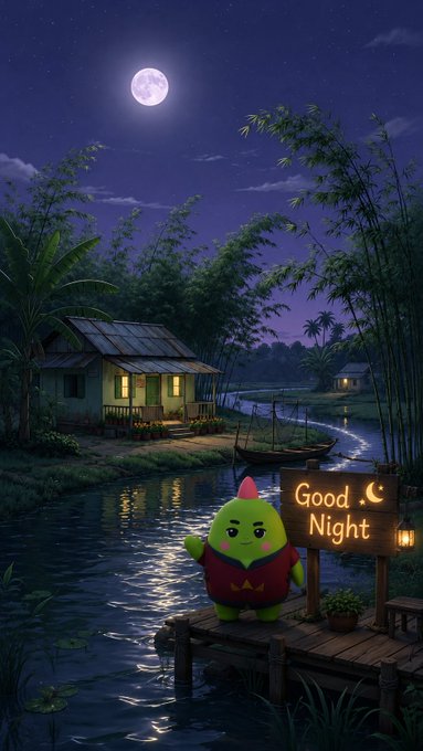 A small green mascot character with a red tuft and vest waves "Good Night" from a wooden dock under a full moon, beside a riverside cottage and a glowing "Good Night" sign that mirrors the post's bedtime message for the Sleepagotchi community.