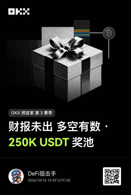 The image is a promotional graphic for "OKX 预言家 第3赛季" (OKX Prophet Season 3), featuring a black gift box with a bow, the text "财报未出 多空有数 · 250K USDT 奖池" (Earnings not yet out, longs and shorts known · 250K USDT prize pool), and the OKX logo with a Bitcoin symbol. 

The accompanying post announces the start of the OKX earnings report prediction event with a 250K USDT prize pool, inviting users to join the elimination-style contest by signing up — directly matching the promotional image's call-to-action.