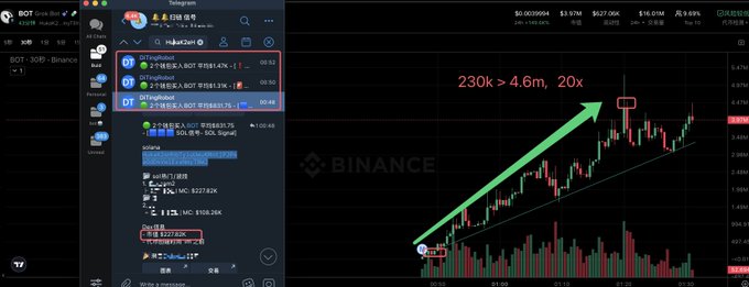 A split-screen image shows a Telegram chat on the left discussing "$BOT" with the address "HukaK2eHhbTyiuUwuKMntjPJP4aGdD4VwiExsNmyT8WJ" alongside a Binance candlestick chart on the right featuring a green arrow highlighting "230k > 4.6m, 20x" gains, visually reinforcing the post's claim of $BOT's 20x return.