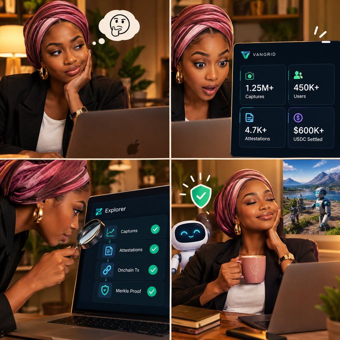 A four-panel AI-generated image of a woman in a pink headwrap interacting with 'VANGRID' tech, showing stats: 1.25M+ Captures, 450K+ Users, 4.7K+ Attestations, $600K+ USDC Settled, and an 'Explorer' interface with Captures, Attestations, Onchain Tx, and Merkle Proof.