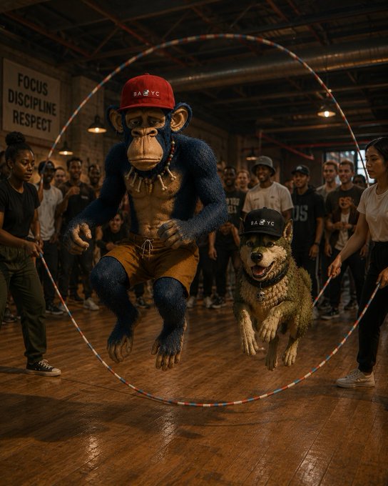An AI-generated scene showing a chimpanzee and a dog jumping through hula hoops while wearing red caps, surrounded by spectators in a gym-like setting with a 'FOCUS DISCIPLINE RESPECT' sign.