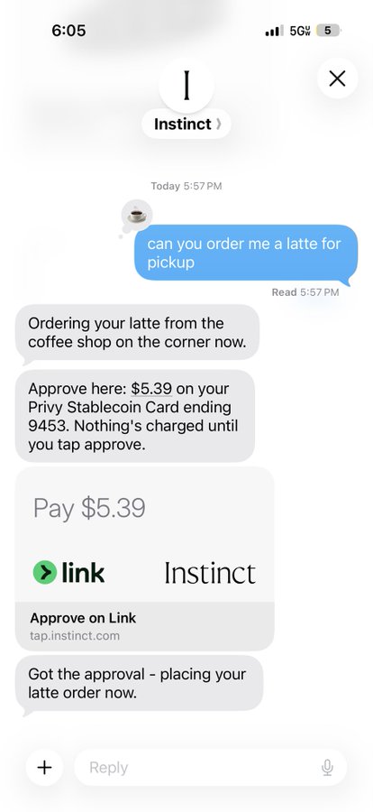 A chat conversation with an AI assistant named Instinct ordering a latte for pickup, with a payment approval link requesting $5.39 via Link.