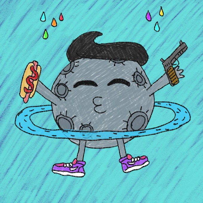A cartoon planet with a pompadour hairstyle, a ring around it, and purple sneakers winks while holding a hot dog and a gun, surrounded by colorful teardrops against a blue swirly background.
