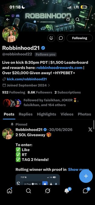 A Twitter/X profile screenshot for 'Robbinhood21' (@robbinhood22) promoting a kick.com live stream with a $1,500 leaderboard, rewards, and a SOL giveaway entry requiring likes, retweets, and tagging friends.
