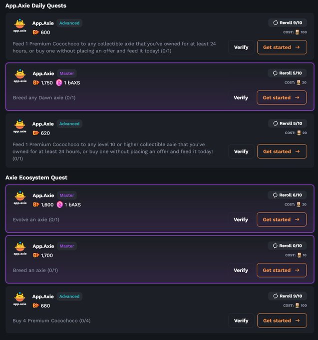 A screenshot of the 'App.Axie Daily Quests' and 'Axie Ecosystem Quest' interface, showing various tasks like feeding Premium Cocochoco and breeding axies with point rewards and 'Get started' buttons.