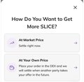 The image displays a Slide app comparison titled "How Do You Want to Get More SLICE?" featuring two options: "At Market Price (Settle right now)" and "At Your Own Price (Place your order in the SDEX and let it settle when another party takes your offer in the future)." This appears unrelated to the accompanying post about Pi Network's BNPi booking application and testnet wallet history, as the image pertains to a different blockchain platform's token settlement options.