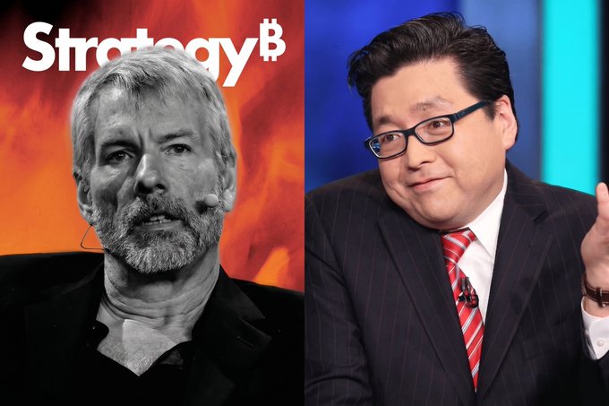 A split image featuring the Strategy Bitcoin logo on the left and a black-and-white portrait of Michael Saylor next to a color image of another man in glasses and a red tie.