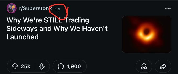 The image features a Twitter post with a caption that reads, "Why We're Still Trading Sideways and Why We've Launched", accompanied by an orange circle with the number 5 inside of it. The post also includes a link to a website called "Superstronk".