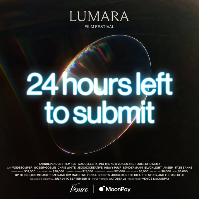 A promotional graphic for the Lumara Film Festival from MoonPay and Venice displays "24 hours left to submit" in glowing white text over a dark, prismatic orb background. The bottom credits list jury members including Jorg Voidstomper, Gossip Goblin, and Heavypulp, along with $100,000 in prizes, while noting 700 submissions have been received as the post encourages filmmakers to enter their AI work.