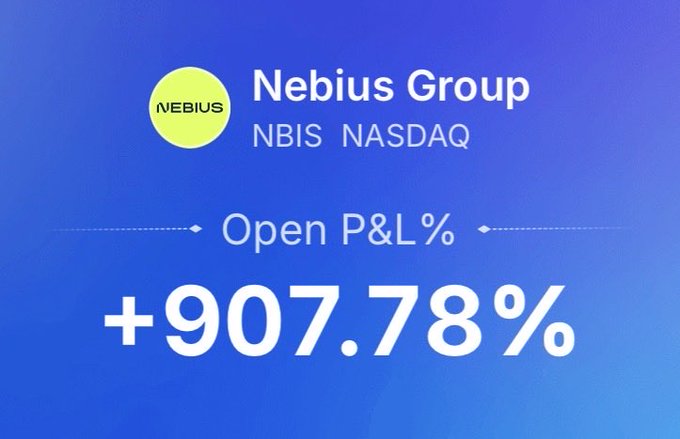 The image features a colorful background with white text that reads "What a wonderful journey with Nebius $NBIS My aim is to find SMID caps that can become large-caps. Nebius has done that for me. It was a $5.6B mkt cap when I bought it a year ago at $23.92 Now, it's a $56B mkt cap being added to the Nasdaq at $240". The image displays two figures on a blue background - a dollar sign with the text "Open P&L" and a figure of a dollar amount with "907.78%". A post caption below the image also reads, "Focus on what is in the image and how it relates to the post."
