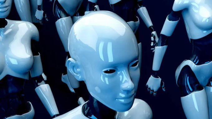 A group of glossy white humanoid robots against a dark blue background, visually representing the AI agents discussed in the post about the future trillion-dollar currency needed for autonomous AI-to-AI transactions.