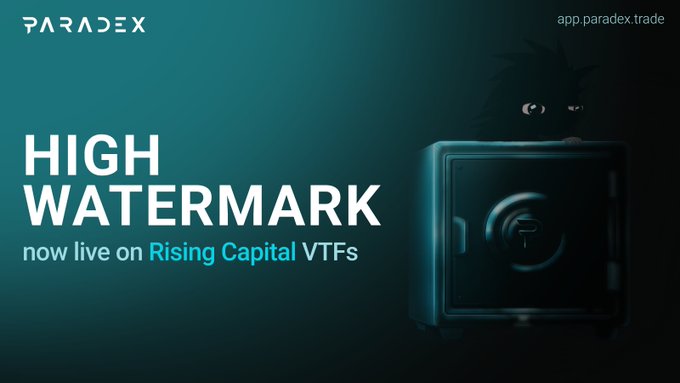 A promotional banner for Paradex announcing 'HIGH WATERMARK now live on Rising Capital VTFs' with a dark vault and cartoon hedgehog character, directing users to app.paradex.trade.