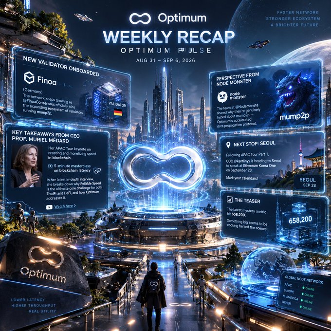 A futuristic 'Optimum Weekly Recap' infographic for 'OPTIMUM PULSE' (Aug 31 – Sep 6, 2026) set against a sci-fi cityscape, highlighting a new 'Finoa' validator, 'Node Monster' perspective (mump2p), CEO Prof. Muriel Medard key takeaways, Seoul tour stop, and a teaser metric of 658,200.