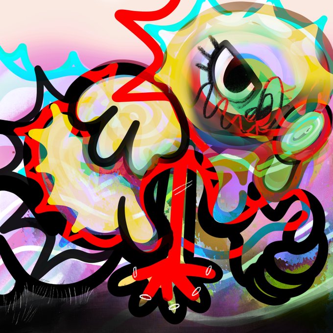 An abstract digital artwork featuring bold red, black, and yellow brushstrokes forming what appears to be a stylized bird or rooster with a prominent eye.