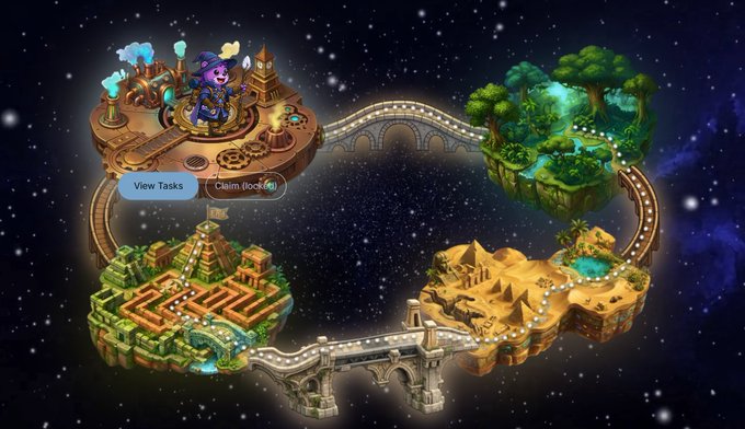 A fantasy video game interface showing floating islands connected by bridges, including a steampunk workshop, a forest, a pyramid, and a desert area, set against a starry space background.