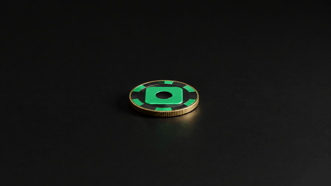 A 3D-rendered green and gold casino chip featuring a black circular logo, displayed on a dark reflective surface.