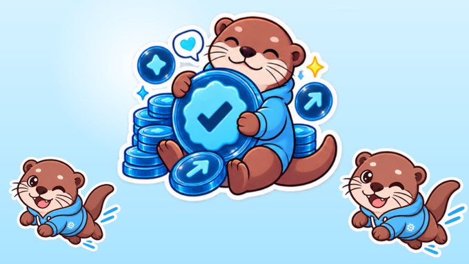 A cartoon illustration featuring three adorable brown otters wearing blue hoodies; the central otter holds a large blue coin with a checkmark, surrounded by smaller coins with star and arrow symbols.