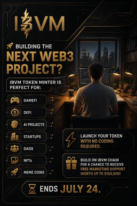 The image is a promotional graphic for "iBVM Token Minter," featuring a developer working at a multi-monitor setup in a high-tech workspace. It advertises use cases like GameFi, DeFi, AI Projects, Startups, DAOs, NFTs, and Meme Coins, while promoting a "Build on iBVM Chain" incentive offering up to $100,000 in free marketing support, with the promotion ending July 24. The graphic visually reinforces the post's message by emphasizing the ease and versatility of launching a token on the iBVM platform.