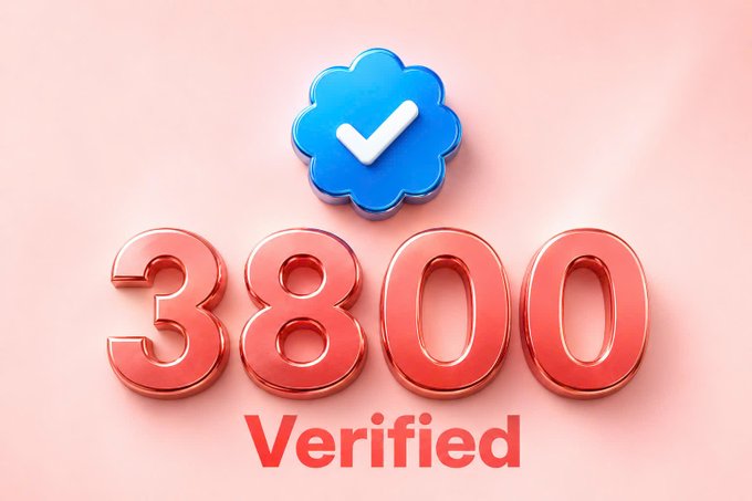 A 3D-rendered graphic displays the number '3800' in glossy pink-orange digits with a blue verified checkmark badge above and the word 'Verified' below on a pink background.