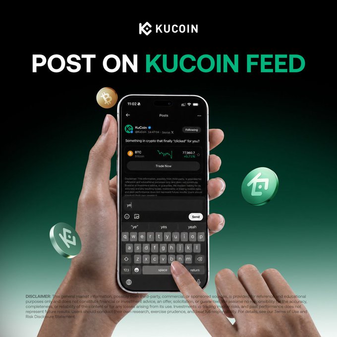 The image shows a person holding up an iPhone with a green background, displaying a message about posting on Kucin. The text on the phone screen reads "Post on Kucin Feed", indicating that someone has posted something related to Kucin or cryptocurrency.