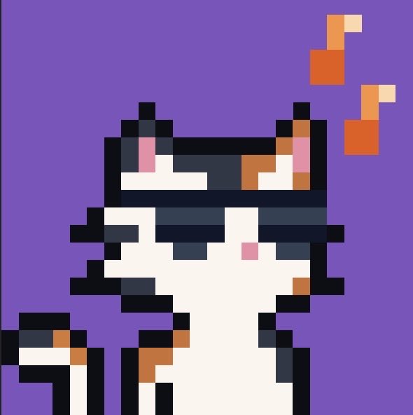 A pixel art illustration of a calico cat with dark patches and pink inner ears, looking grumpy against a solid purple background, with two orange musical notes floating in the upper right corner.