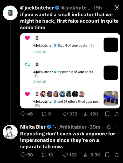 A screenshot of X (formerly Twitter) shows @jackbutcher posting about a fake account, with visible notifications showing that account liking and reposting his posts, while Nikita Bier comments below about reposting functionality for impersonation.
