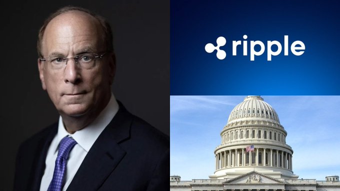 The image features a portrait of a man in a suit and glasses alongside the Ripple logo and the U.S. Capitol building, visually reinforcing the news that BlackRock ($11.5 trillion in assets) is joining Ripple in supporting the CLARITY Act, a piece of legislation related to crypto regulation.