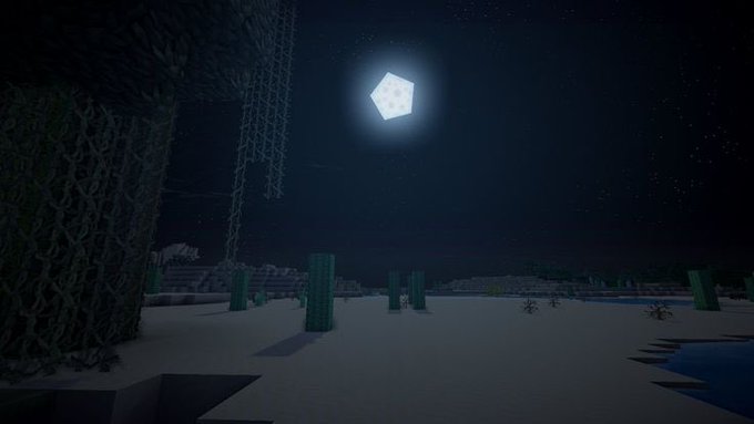 A nighttime screenshot from the video game Minecraft, showing a blocky moon in the sky over a dark landscape with hanging vines and cactus-like structures.