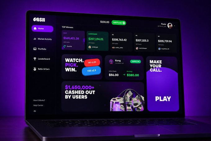 A laptop screen displays the GOSU gaming platform with a purple theme, showing 'TOP Winners' including #1 'betski' with $565,421.26, along with sections for 'WATCH. PICK. WIN.' and 'MAKE YOUR CALL. PLAY'.