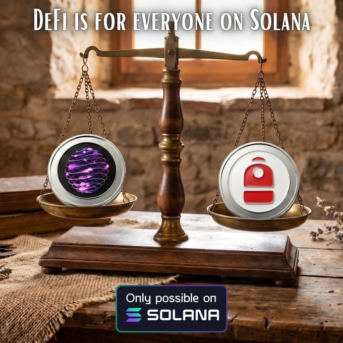 A promotional image with the text "DeFi is for everyone on Solana" showing a balance scale weighing a purple digital icon against a red unlock icon.
