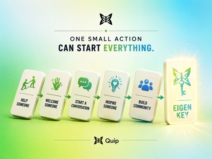 A promotional infographic titled "ONE SMALL ACTION CAN START EVERYTHING" showing a domino effect of cards leading to an "EIGEN KEY" branded by Quip.