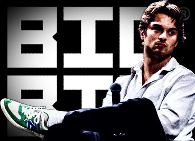 A young man with curly hair sits casually with one green and white sneaker propped up, set against a black backdrop featuring large white text reading "BIT BOY." The "Dylan LeClair®" branding aligns with the image's edgy, crypto-bitcoin influencer aesthetic.