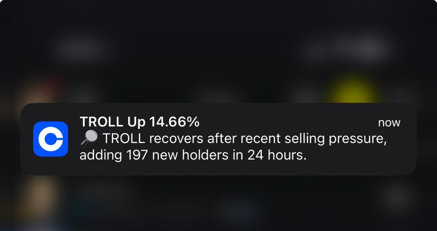 A notification alert shows 'TROLL Up 14.66%' with a microphone emoji and the message 'TROLL recovers after recent selling pressure, adding 197 new holders in 24 hours.'