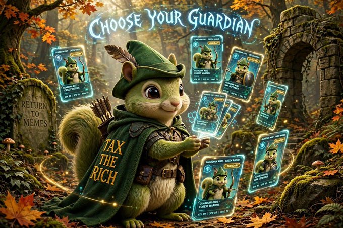 A fantasy-style digital illustration featuring an anthropomorphic squirrel dressed as a forest archer with a Robin Hood-esque hat and a green cloak reading 'TAX THE RICH'. The text 'CHOOSE YOUR GUARDIAN' appears above a fan of character cards and a tombstone marked 'RETURN TO MEMES'.