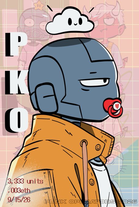 An illustration of a character named 'PKO' wearing an orange jacket and red pacifier, with text showing '3,333 units', '.003eth', and date '9/15/26'.