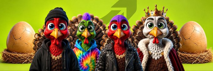 A colorful digital illustration of four anthropomorphic turkeys in various outfits (a beanie, tie-dye, leather jacket, and royal robe with crown) standing in front of cracked eggs on nests against a green background.