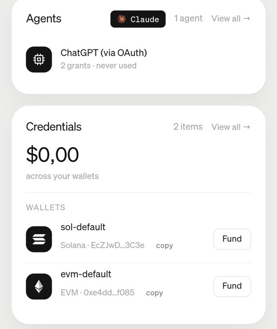 A dashboard showing connected AI agents (Claude and ChatGPT via OAuth with 2 grants never used) and empty cryptocurrency wallets ($0.00 across Solana and EVM wallets). The image relates to the post by showing the account is freshly set up with funded wallet options ready, aligning with the user's mention of waiting on a MoonPay transaction tonight.