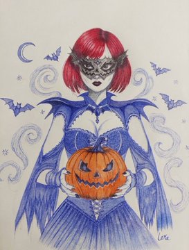 A hand-drawn illustration of a red-haired woman in a blue bat-like costume holding a jack-o'-lantern, surrounded by bats, clouds, and a crescent moon.