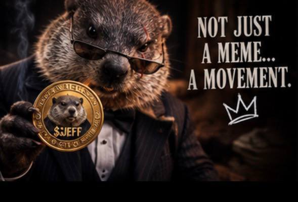 Meme-style image of a groundhog in glasses and tuxedo holding a '$JEFF' coin, with text 'Not Just A Meme... A Movement.'