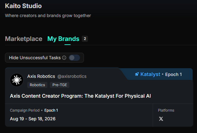 A screenshot from Kaito Studio showing the "My Brands" tab with a campaign for "Axis Robotics" (@axisrobotics), a Robotics Pre-TGE project, running Aug 19 - Sep 18, 2026 on the Katalyst platform.