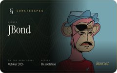 An animated NFT project promotional graphic for 'CORATESHAPES' featuring a sad cartoon ape, with the text 'Wishes J. Bond', 'In The End, All Ends. October 2026', 'Access By Invitation', and 'Reserved'.