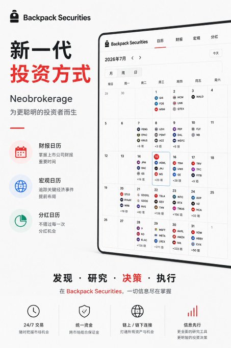 A promotional advertisement for Backpack Securities, a 'Neobrokerage,' featuring Chinese text and showing a July 2026 calendar interface with financial event indicators (earnings, macro events, dividends) for tickers like JOBY, MSTR, RIOT, HOOD, AAPL, and NVDA.